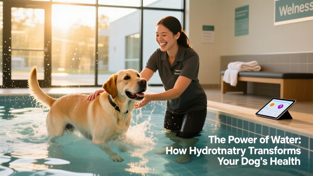 Trainer and owner celebrating with a joyful, wet Labrador after a successful first hydrotherapy session, both smiling