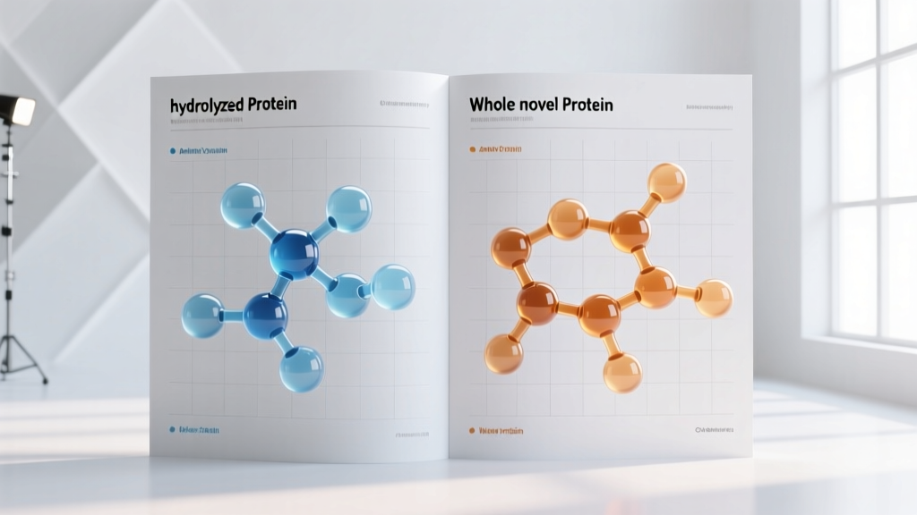 A side-by-side comparison chart showing the molecular breakdown of hydrolyzed proteins versus whole novel proteins for canine diets.