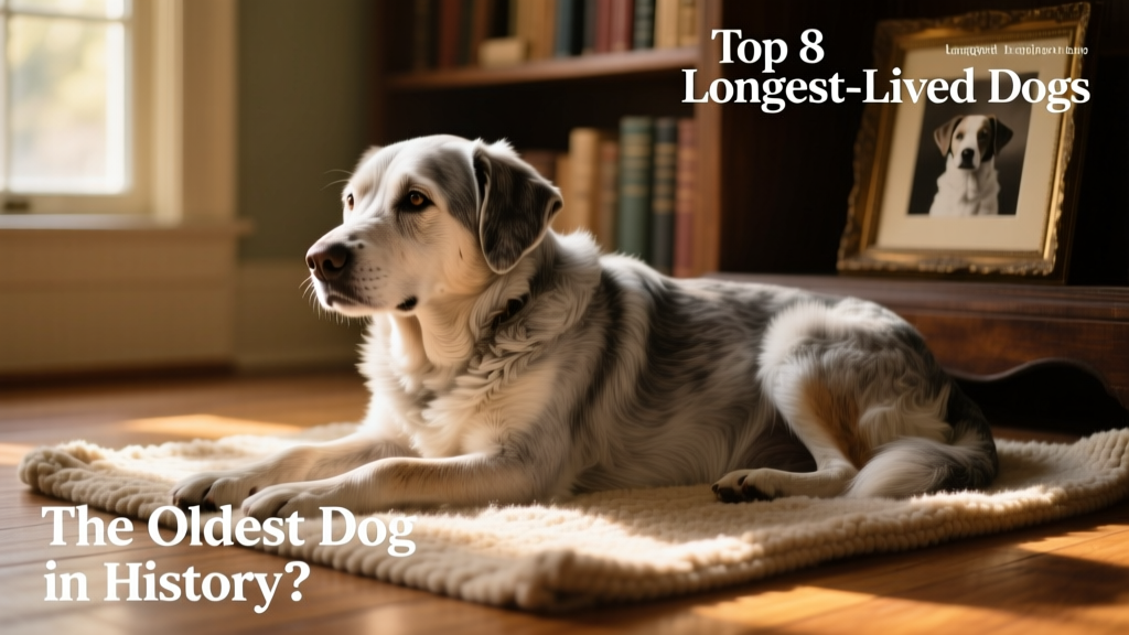 A gentle senior dog resting peacefully on a sunlit rug, eyes soft and expression calm