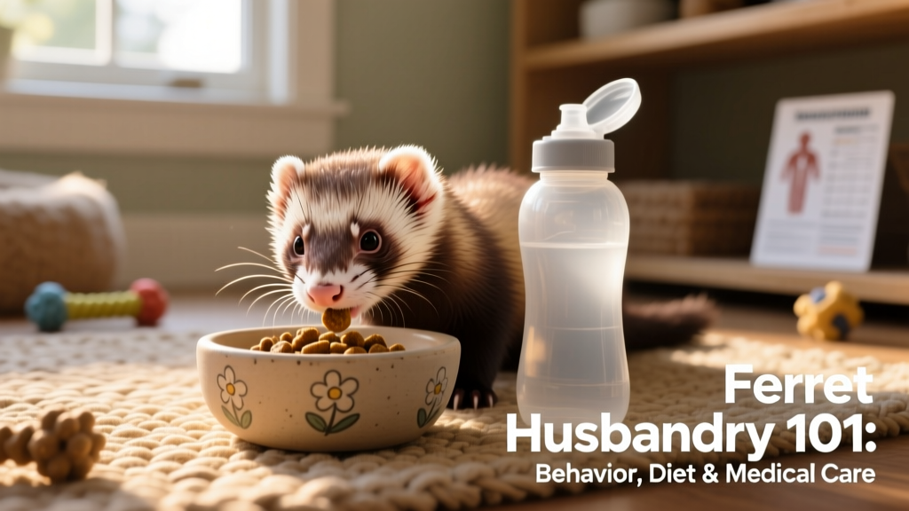 Close-up of a ferret eating kibble from a shallow ceramic bowl beside a water bottle