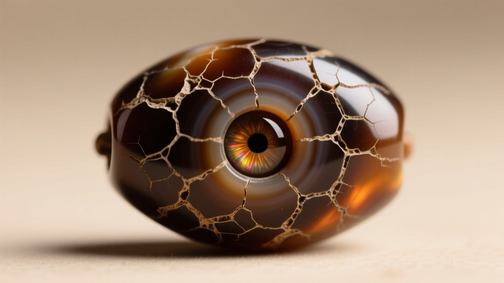 Macro shot of a vintage nine-eyed dzi bead showing natural crows feet weathering marks and a waxy luster on the etched agate.