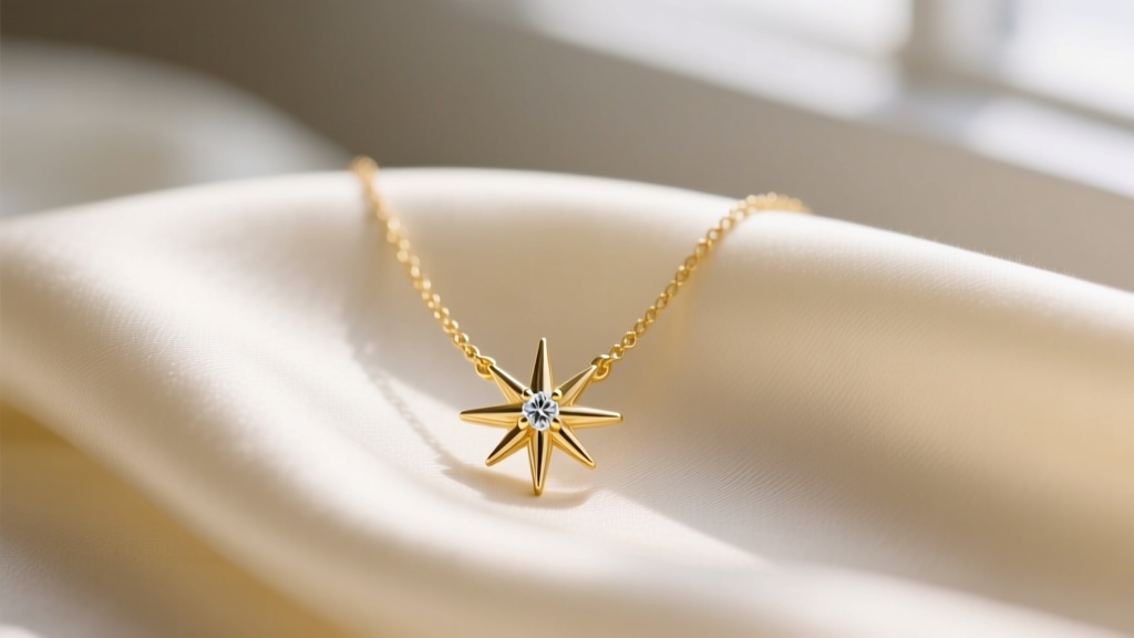 Close-up of a 14k yellow gold north star necklace on cream silk, soft window light highlighting the small center diamond gemstone
