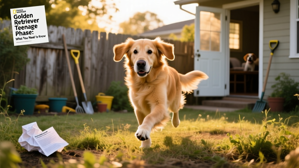 A playful but slightly distracted adolescent Golden Retriever mid-trot in a sunlit backyard