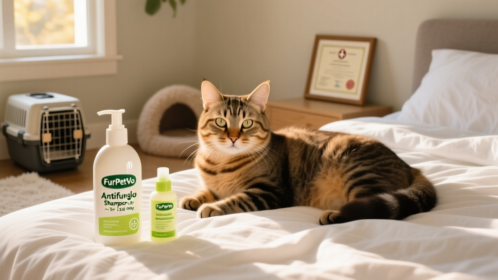 Cat comfortably resting on freshly laundered bedding beside a bottle of lime sulfur dip and antifungal shampoo from FurPetVo
