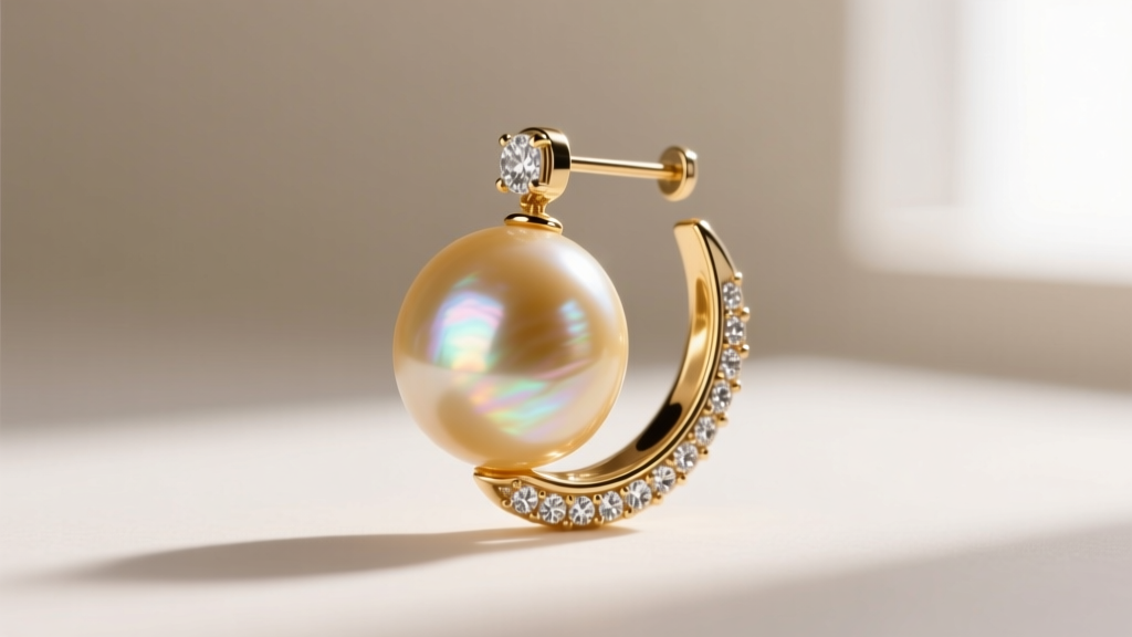 Side profile of South Sea pearl drop earring with diamond accent, showing thick nacre layers and warm golden overtone on surface