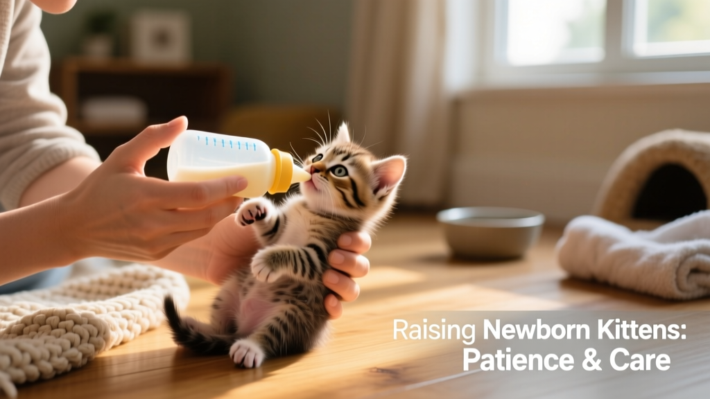 A caregiver gently bottle-feeding a newborn kitten while supporting its head and body