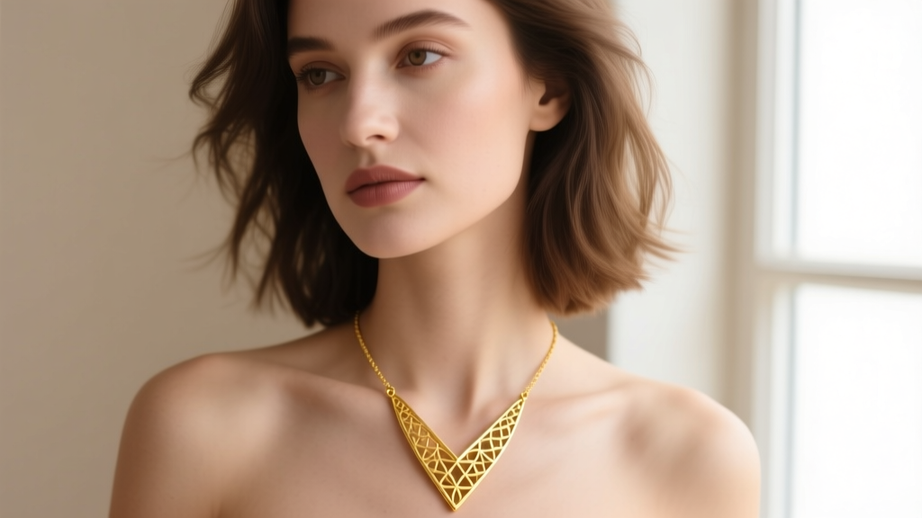 Close-up of a woman wearing a delicate 14k yellow gold V-shaped pendant necklace resting on her collarbone, soft natural lighting