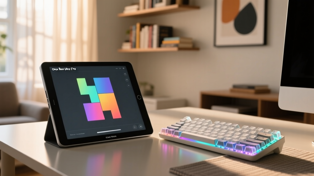 Close-up of the Onyx Boox Tab Ultra C Pro displaying a digital puzzle next to a mechanical keyboard in a sunlit home office.