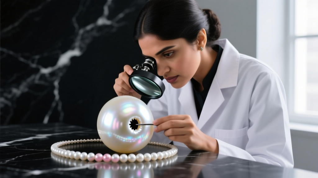 Jeweler using a loupe to examine the drill hole and nacre luster of a large white South Sea pearl from an Indian necklace