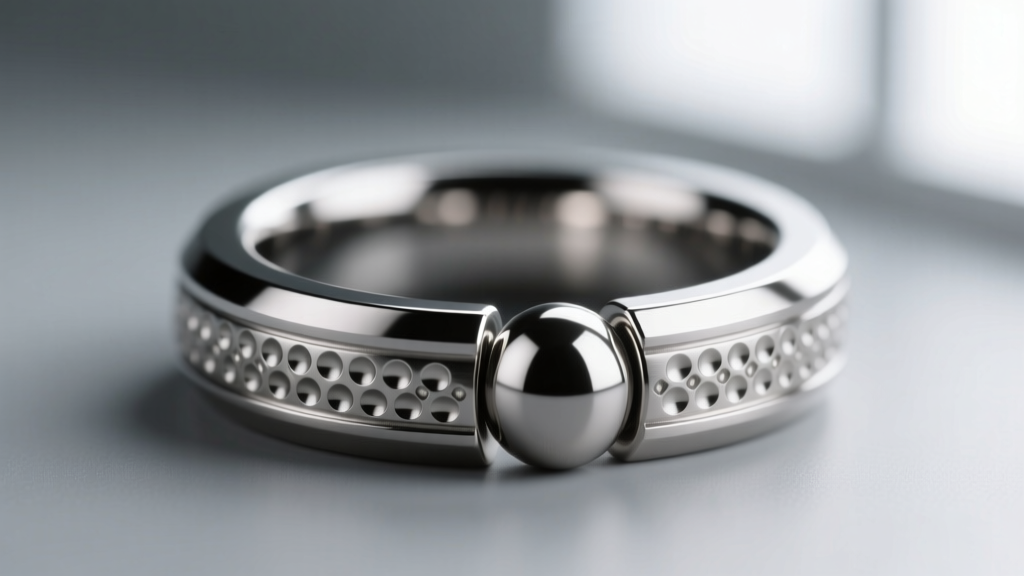 Extreme close-up of a titanium captive bead ring showing machined dimples on the 5mm bead and the rounded tips of the ring ends