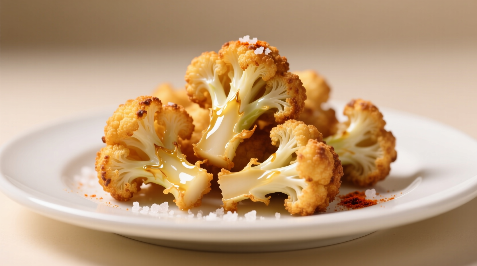 Crispy golden fried cauliflower on white plate
