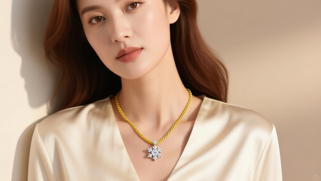 Woman wearing a delicate 14k yellow gold cable chain with a small snowflake diamond pendant, resting against a cream silk blouse.