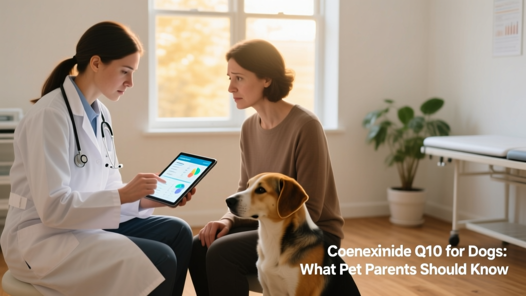 Veterinarian reviewing lab results with a pet owner while a calm dog sits nearby
