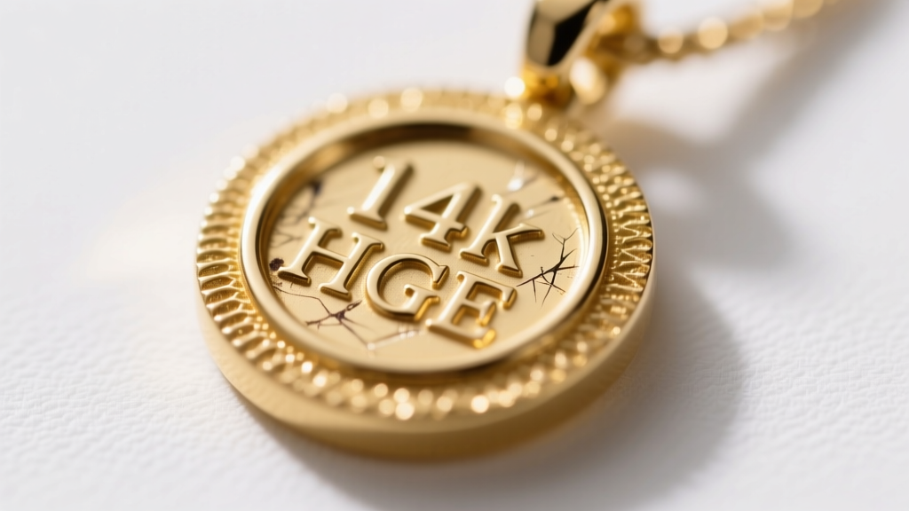 Digital USB microscope displaying a magnified view of a 14k HGE stamp on a gold-plated pendant, revealing worn edges.