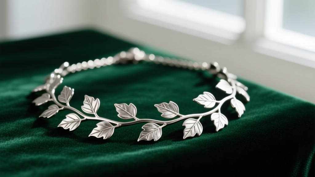 Vintage sterling silver ivy necklace on dark green velvet, highlighting intricate vein detailing on the delicate botanical leaves.