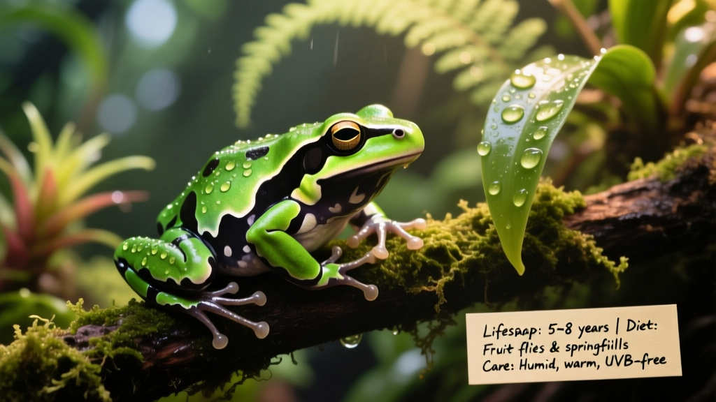 Close-up of a vibrant green and black poison dart frog perched on a mossy branch in a lush terrarium