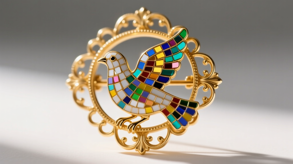 Macro photography of a Victorian gold brooch featuring a Roman micro-mosaic dove, revealing tiny colorful glass tesserae pieces.