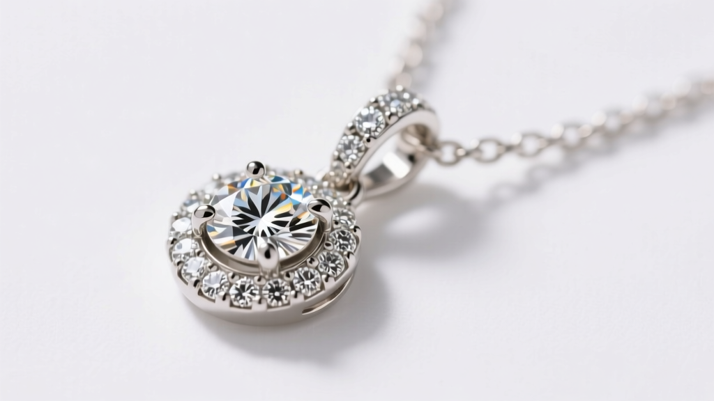 Macro shot of a micro-pave diamond chai pendant in 18k white gold, showing precise prong settings and brilliant melee stones.