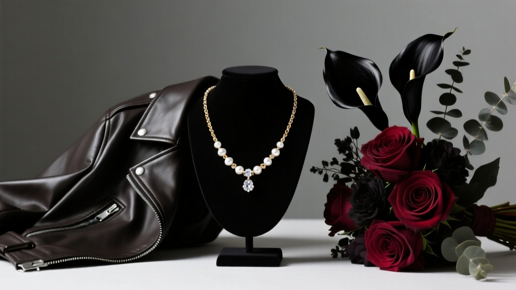 White gold and pearl alternative bridal leash necklace displayed next to a dark leather jacket and a moody, dark floral bouquet