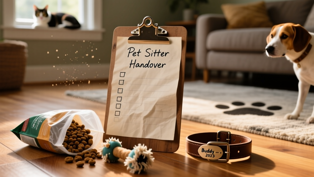 A handwritten checklist on a clipboard titled 'Pet Sitter Handover' next to pet food, toys, and a collar