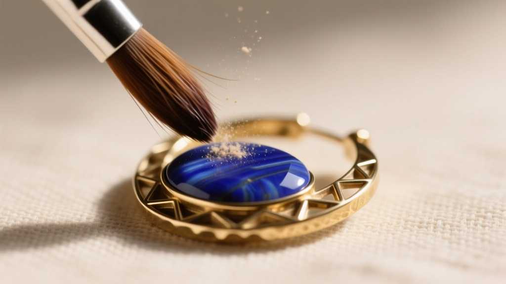 Macro shot of a soft sable brush gently dusting a textured 70s style lapis lazuli hoop earring, revealing deep blue stone hues