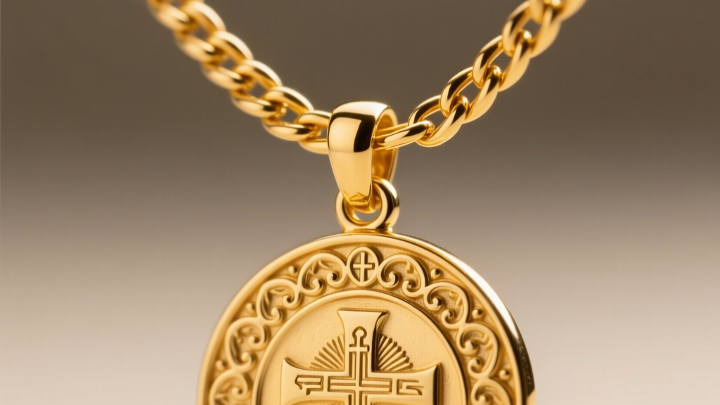 Extreme macro shot of a 1.5mm 18k yellow gold wheat chain threading through the soldered bail of a detailed religious medallion.