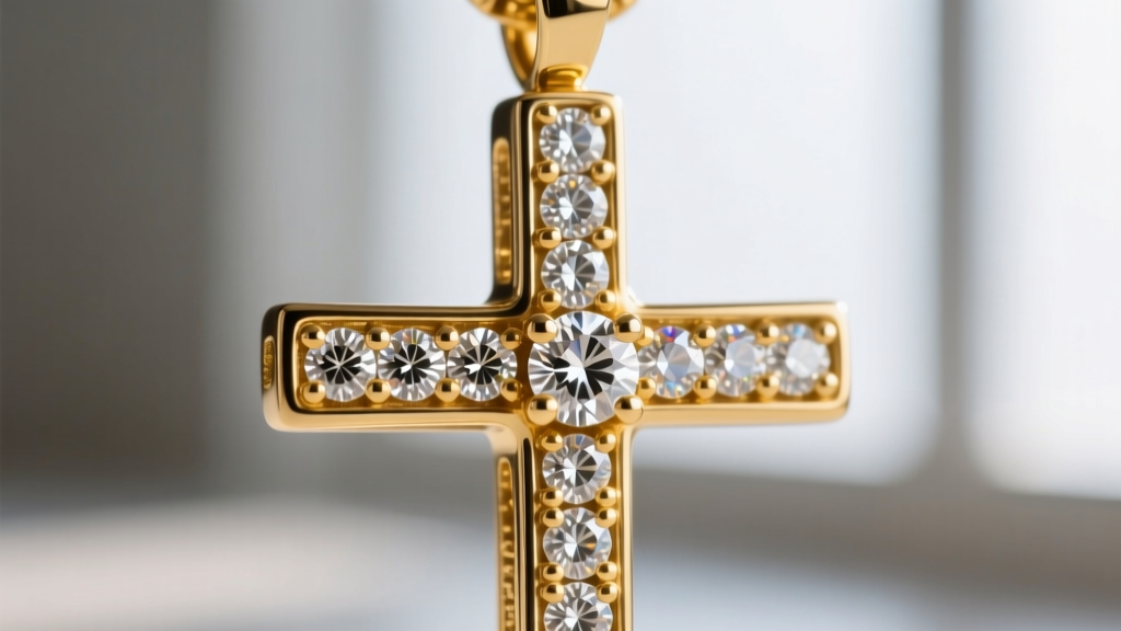 Macro shot of micro-pave diamond setting on a gold crucifix pendant showing tiny metal beads securing round brilliant cut stones.