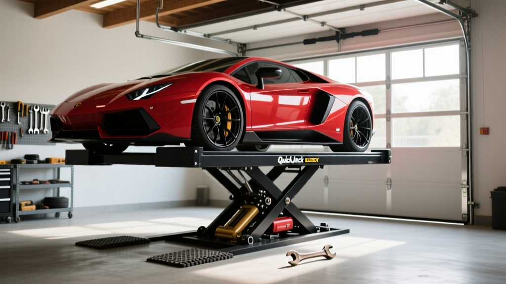 A sleek black QuickJack BL-5000SLX portable hydraulic car lift elevated in a residential garage with a sports car raised above the concrete floor