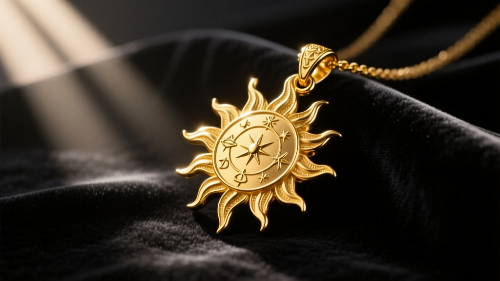 14k solid gold alchemical sun pendant on dark velvet, illuminated by soft directional morning light casting long dramatic shadows