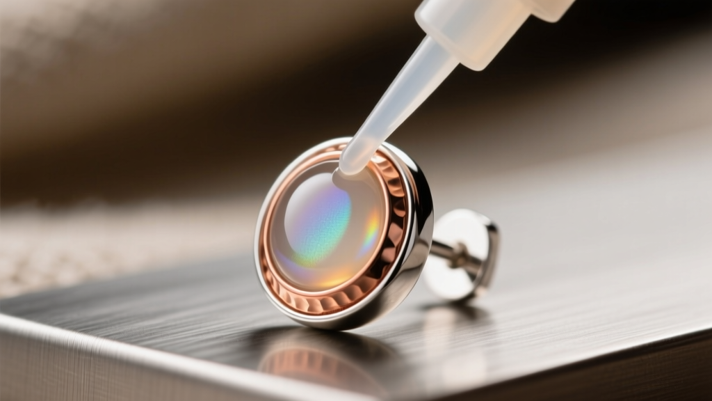 Close-up of epoxy securing a copper bezel to a sterling silver earring post, showing a clean seam under warm desk lighting.