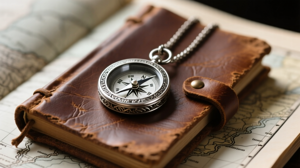 Close-up of a rugged, oxidized sterling silver compass pendant resting on a weathered leather journal and a vintage topo map.