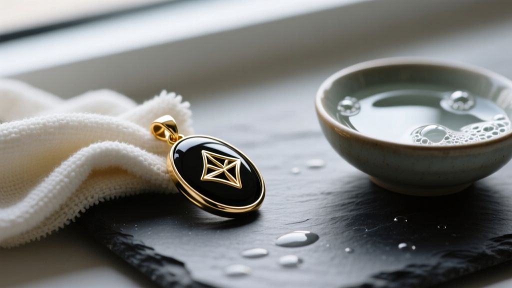 Microfiber cloth wiping a black rhodium-plated gold pendant on a dark slate surface next to a small bowl of mild soapy water.