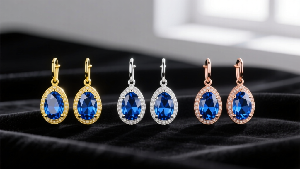 Three pairs of blue sapphire drop earrings side-by-side showing yellow gold, white gold, and rose gold settings on dark velvet