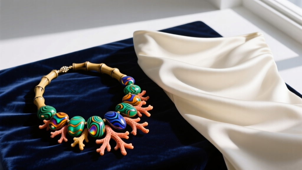Dyed bamboo coral bib necklace on dark velvet next to a silk off-shoulder top, highlighting vivid texture and rich color contrast