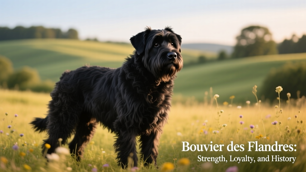 A Bouvier des Flandres standing confidently outdoors, showcasing its thick, shaggy coat and sturdy build