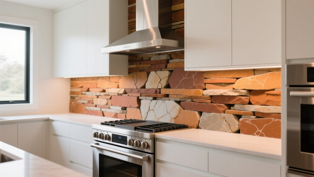 Stacked stone veneer backsplash in warm earth tones behind a modern stainless steel range in a bright contemporary kitchen remodel.