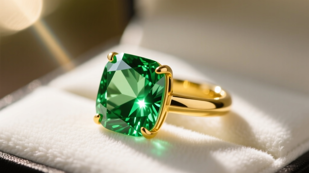 Close-up of a vibrant green peridot gemstone set in a yellow gold bezel ring, resting on a soft microfiber cloth in natural sunlight.