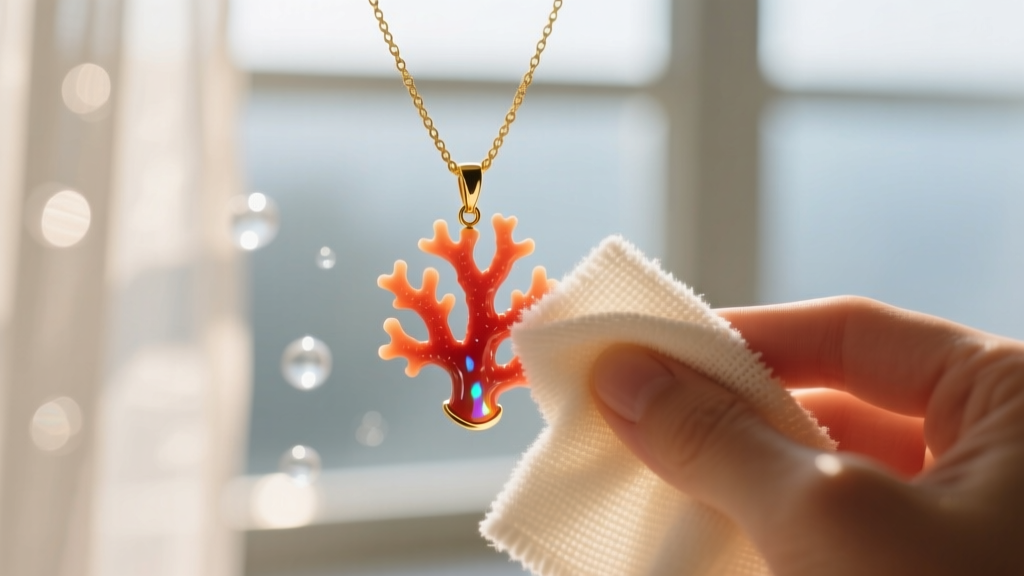 Microfiber cloth wiping a coral pendant on a gold chain, with mild soap and water blurred in the soft background lighting.
