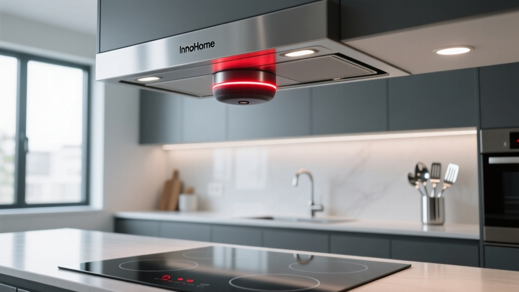 Innohome Stove Guard sensor mounted on kitchen ceiling above electric induction cooktop with glowing red LED indicator