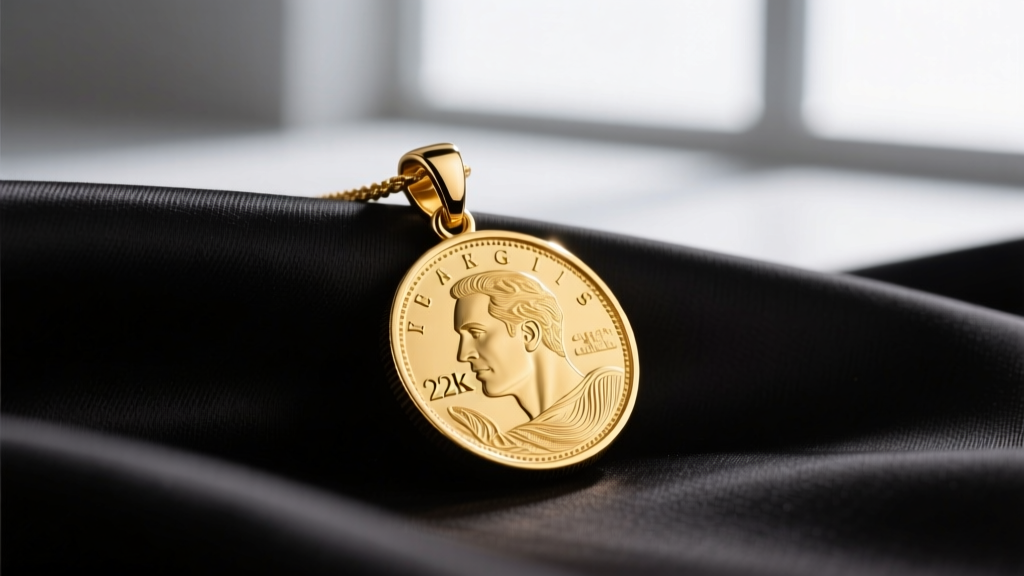 Close-up of a 22k gold coin pendant in a 14k gold bezel, resting on dark silk to prevent daily friction wear and edge scratches.