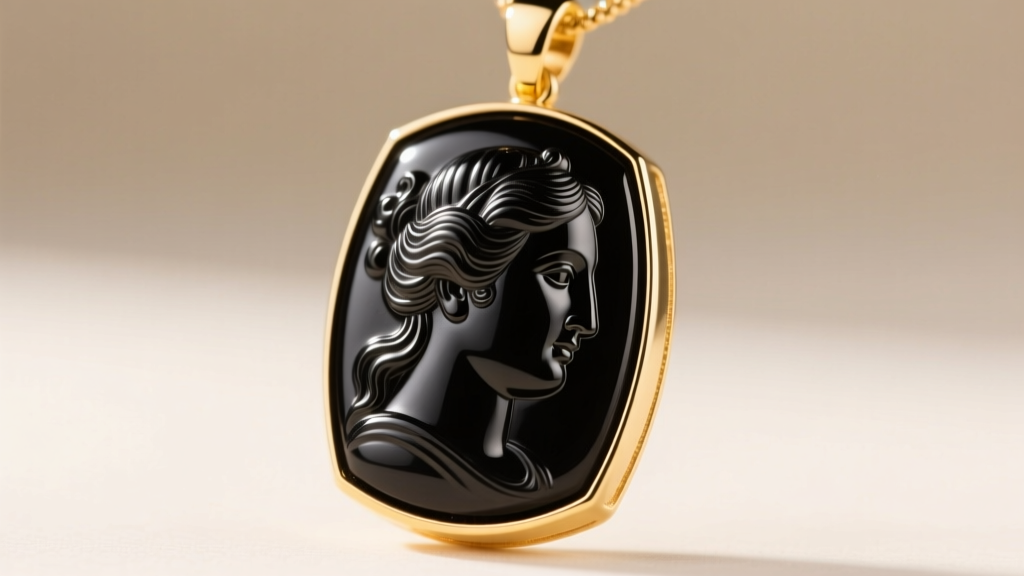 Macro shot of a carved black onyx cameo pendant set in 14k yellow gold, highlighting the intricate profile and polished finish