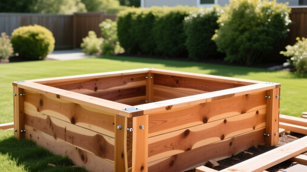 Rough-sawn Western Red Cedar boards being assembled into a tall raised garden bed frame in a bright, sunny backyard setting.