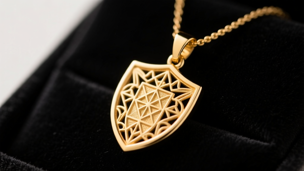 Close-up of a solid 14k gold shield pendant necklace resting on dark velvet, soft warm lighting highlighting engraved details.