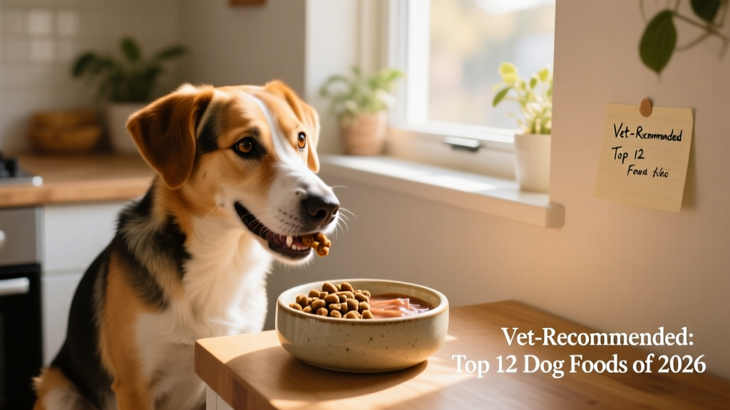 A happy, healthy mixed-breed dog enjoying a bowl of kibble and wet food side by side