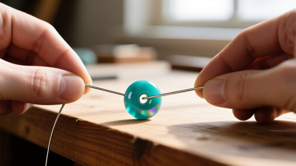 Close-up of hands threading a 4mm turquoise heishi bead onto a .019-inch coated steel wire at a brightly lit wooden workbench.