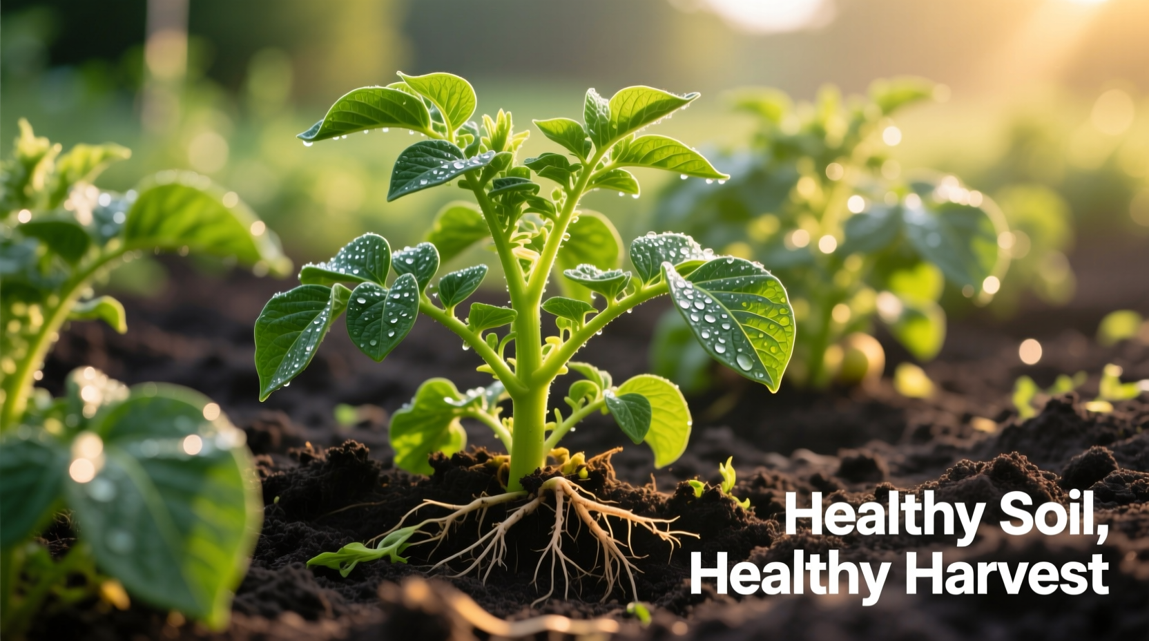 Healthy potato plants growing in well-prepared garden soil