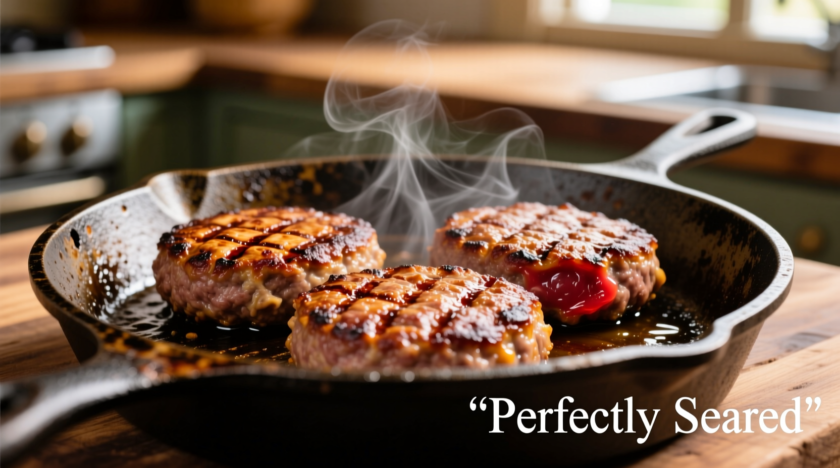 Perfectly seared frozen hamburger patties on cast iron skillet