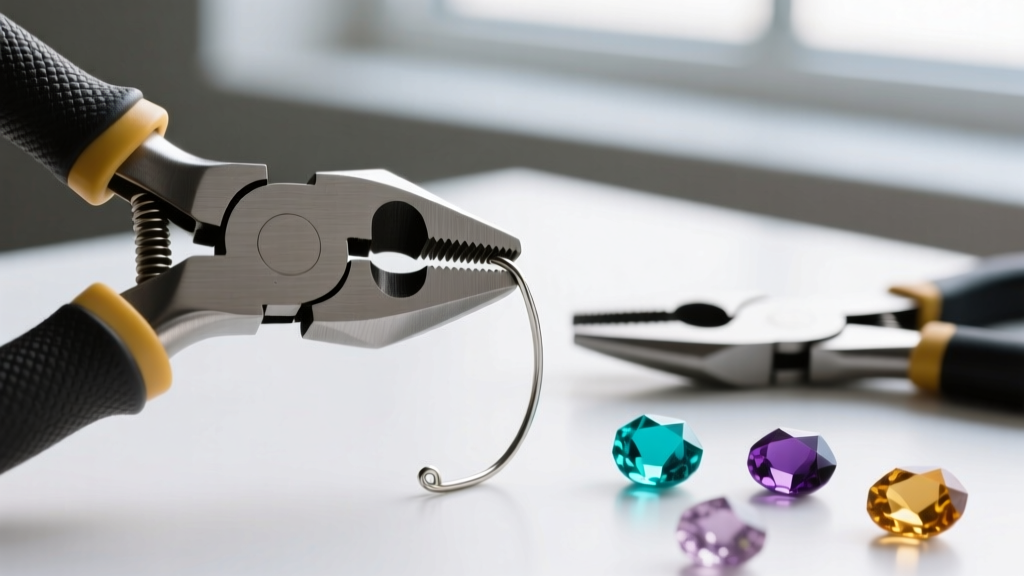 Close-up of nylon jaw pliers bending 20-gauge niobium ear wire, with flush cutters and raw gemstone briolettes in the background