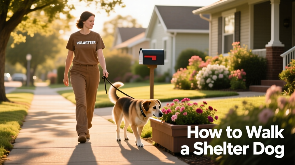 Volunteer walking a calm, curious shelter dog on a sunny neighborhood sidewalk