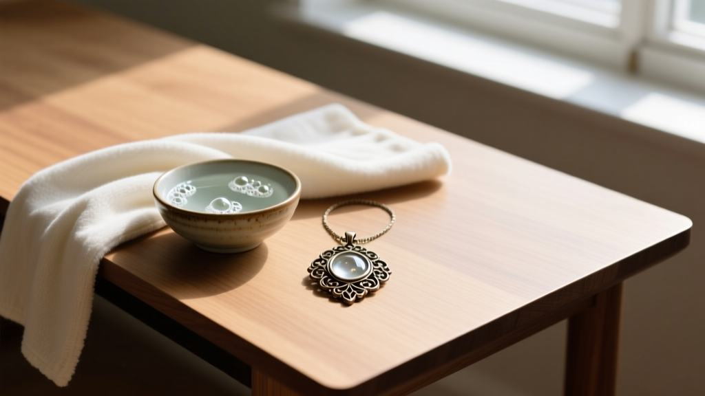 Jewelry cleaning setup with soft microfiber cloth, small bowl of mild soapy water, and a tarnished fashion pendant on wooden desk